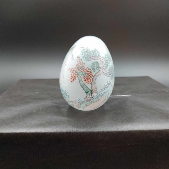 Vintage Reverse Hand Painted Glass Egg Japanese Scene Mountain Tree - No Stand - Picture 3 of 9
